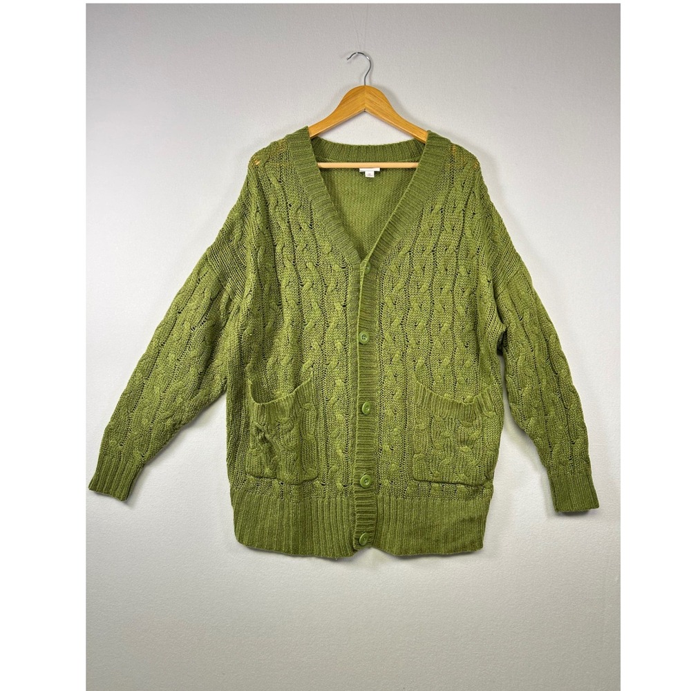 LuLaRoe Cardigan Sweater Women Medium Green Cable Knit Button Front Oversized